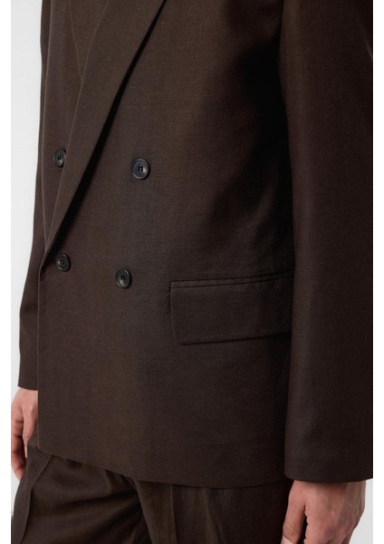 Kahve Relax Fit Keten Karışımlı Erkek Blazer Ceket modelleri