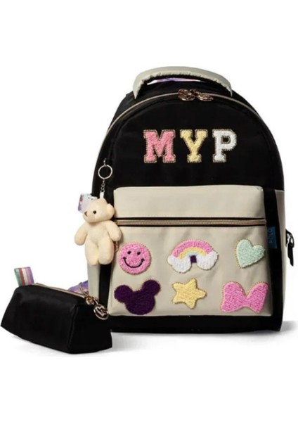 Patch Detaylı Çocuk Okul Çanta Seti – Ayıcık Anahtarlıklı, 2’li (Sırt Çantası + Kalemlik)
