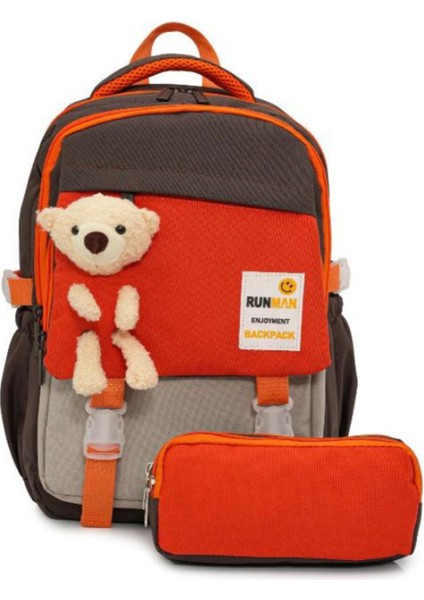 Oyuncak Ayıcık Detaylı Çocuk Okul Çanta Seti – Pembe Turuncu, 2’li (Sırt Çantası + Kalemlik)
