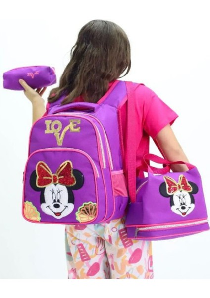 Kız Çocuk Minnie Mouse 3’lü Okul Çanta Seti – Mor Sırt Çantası Beslenme Çantası Kalemlik fiyatları