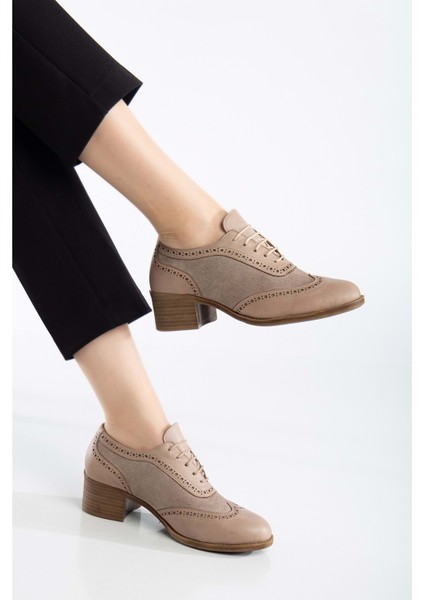 Kadın Hakiki Deri Topuklu Oxford Ayakkabı - Taş