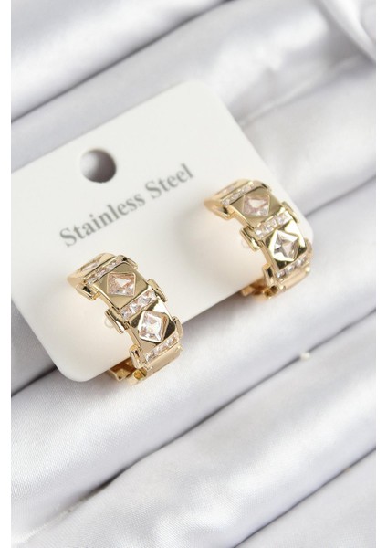 Çelik Zirkon Taşlı Halka Model Gold Renk Kadın Küpe