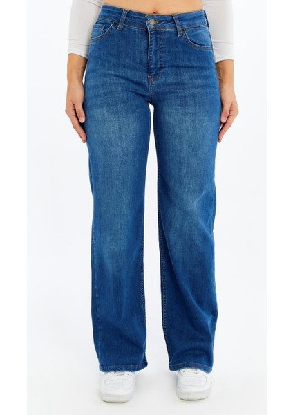 Kadın Yüksek Bel Düz Paça Denim Jean – Orta Mavi Rahat Kalıp Günlük Pantolon fırsatları