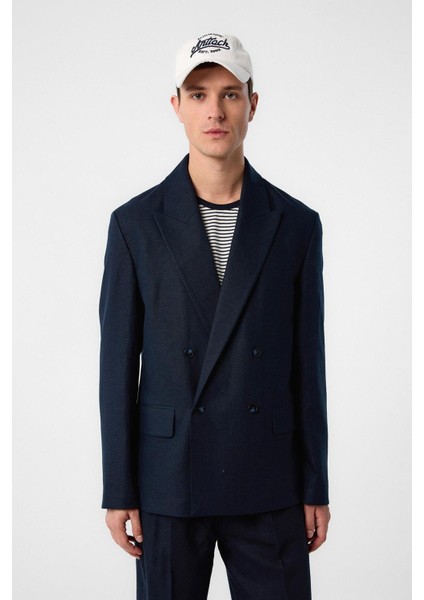 Lacivert Relax Fit Keten Karışımlı Erkek Blazer Ceket