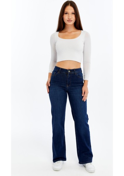 Kadın Yüksek Bel Düz Paça Denim Jean – Orta Mavi Rahat Kalıp Günlük Pantolon