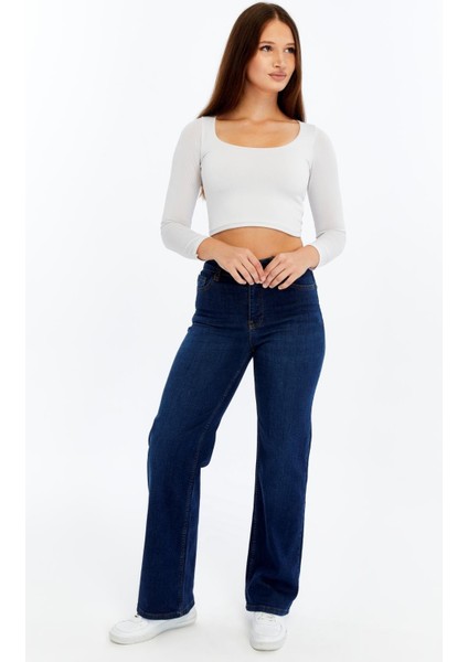 Kadın Yüksek Bel Düz Paça Denim Jean – Orta Mavi Rahat Kalıp Günlük Pantolon fiyatları