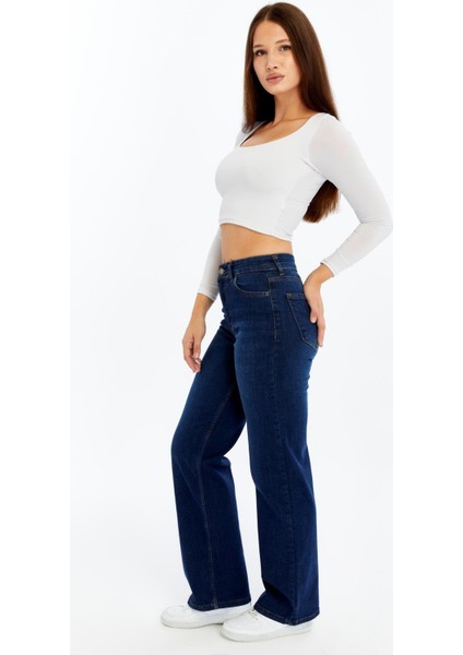 Kadın Yüksek Bel Düz Paça Denim Jean – Orta Mavi Rahat Kalıp Günlük Pantolon fırsatları