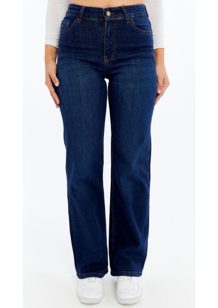 Kadın Yüksek Bel Düz Paça Denim Jean – Orta Mavi Rahat Kalıp Günlük Pantolon indirimleri