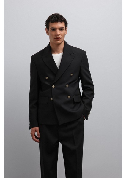 Siyah Kruvaze Erkek Blazer Ceket