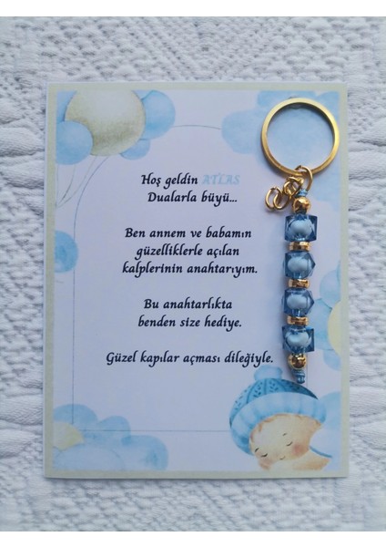 100 Adet Isme Özel Tasarım Mavi Anahtarlık Hastane Yeni Doğan 40 Mevlidi Dağıtmalık Hediyelik
