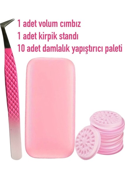 Ipek Kirpik Volum Cımbız ve Palet Seti, Fiber Uçlu, Pembe Renkli