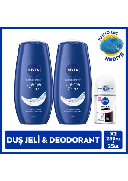 Nıvea Kadın Roll-On Deodorant Black&white Invisible Clear 25ML ve Creme Care Duş Jeli X2 Adet, Lif Hediye, 72 Saat Anti-Perspirant Ter Koruması, Avantajlı Paket
