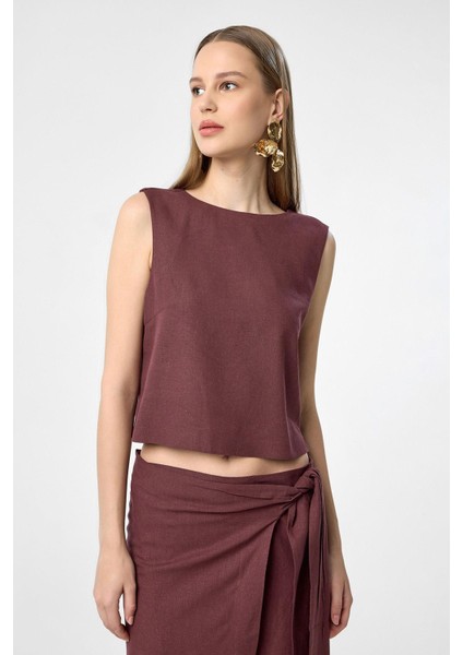 Bordo Keten Karışımlı Kadın Bluz