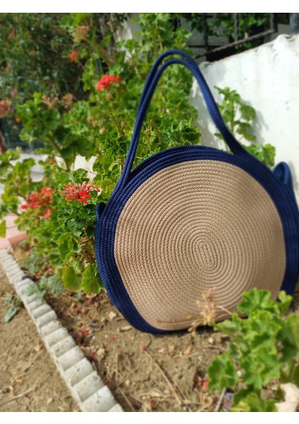 El Yapımı Iki Renkli Halat Çanta, Lacivert ve Bej Yuvarlak Omuz Çantası