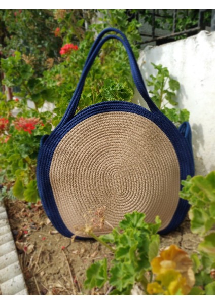 El Yapımı Iki Renkli Halat Çanta, Lacivert ve Bej Yuvarlak Omuz Çantası fiyatları