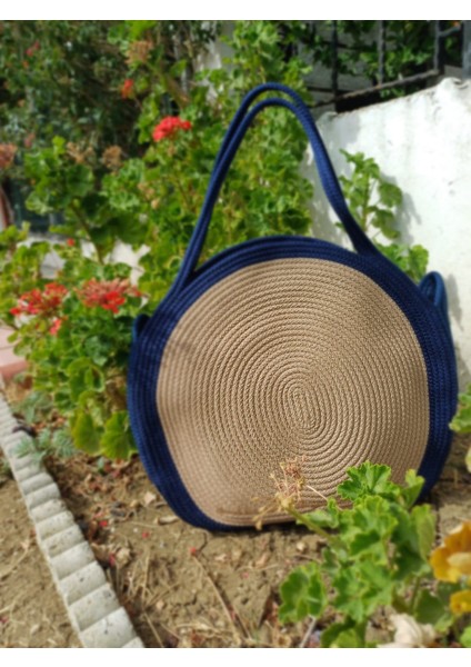 El Yapımı Iki Renkli Halat Çanta, Lacivert ve Bej Yuvarlak Omuz Çantası modelleri