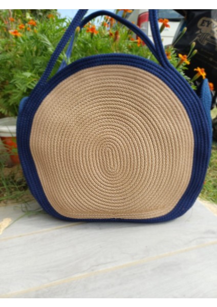 El Yapımı Iki Renkli Halat Çanta, Lacivert ve Bej Yuvarlak Omuz Çantası fırsatları