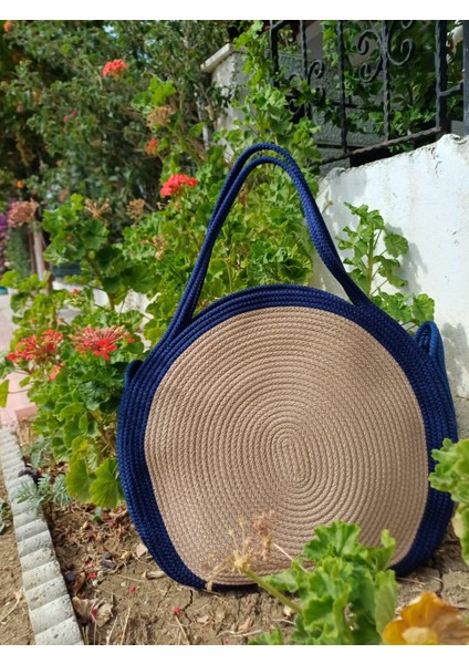 El Yapımı Iki Renkli Halat Çanta, Lacivert ve Bej Yuvarlak Omuz Çantası indirimleri