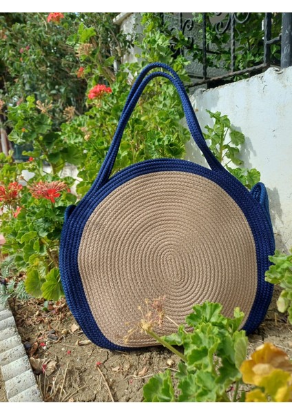 El Yapımı Iki Renkli Halat Çanta, Lacivert ve Bej Yuvarlak Omuz Çantası