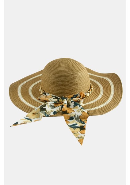 Sepetim Fiyong Zincir Örgülü Hasır Şapka-Pudra Rengi