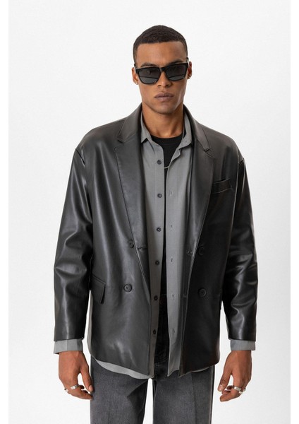 Siyah Suni Deri Kruvaze Erkek Ceket