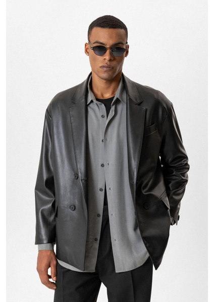 Siyah Suni Deri Kruvaze Erkek Ceket modelleri