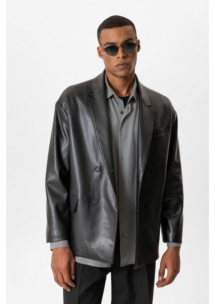 Siyah Suni Deri Kruvaze Erkek Ceket indirimleri