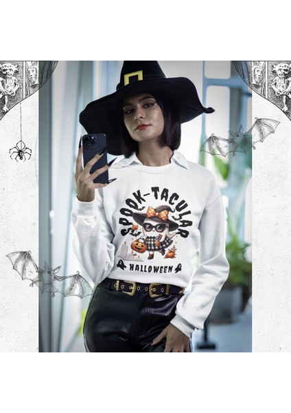 Kadın Sweatshirt - Cadılar Bayramı Cadı Desenli. Rahat ve Şık Tasarım