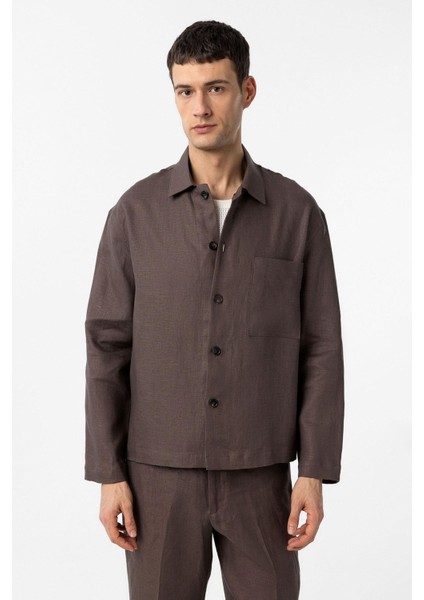Kahve 100% Keten Relax Fit Erkek Ince Ceket