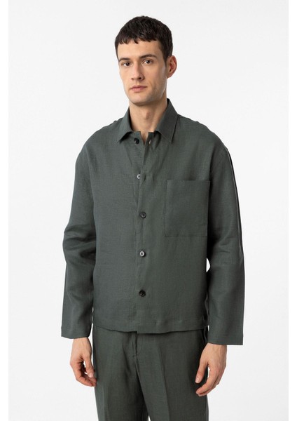 Haki 100% Keten Relax Fit Erkek Ince Ceket
