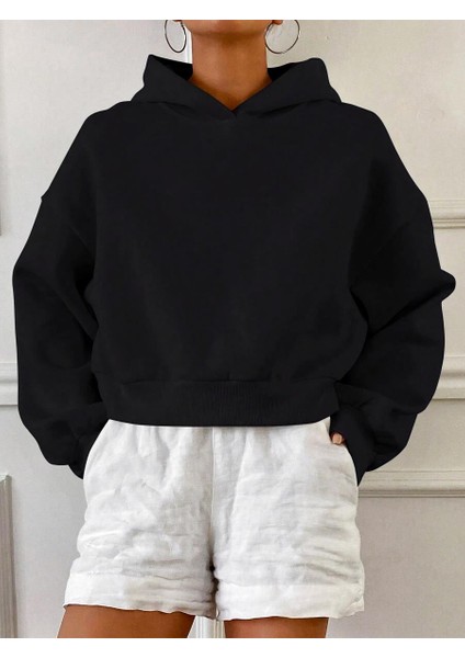 Relaxed Fit Basic Crop Hoodie Siyah