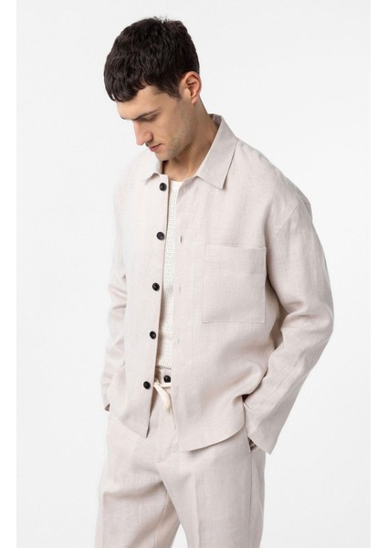 Ekru 100% Keten Relax Fit Erkek Ince Ceket