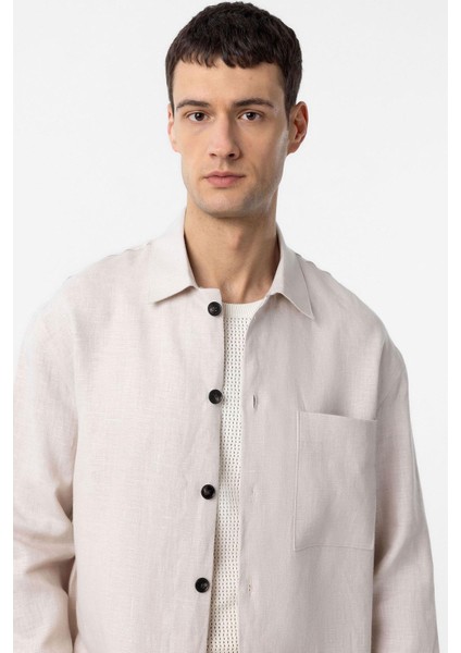 Ekru 100% Keten Relax Fit Erkek Ince Ceket modelleri