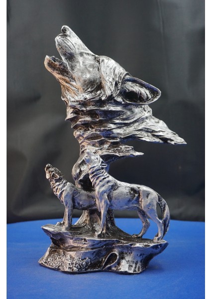 Özel Tasarım Yavrulu Uluyan Kurt Heykel Biblo– Üçlü Kurt Hediyelik Dekoratif Aksesuar (30 Cm)