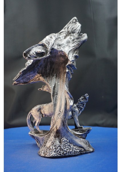 Özel Tasarım Yavrulu Uluyan Kurt Heykel Biblo– Üçlü Kurt Hediyelik Dekoratif Aksesuar (30 Cm) modelleri