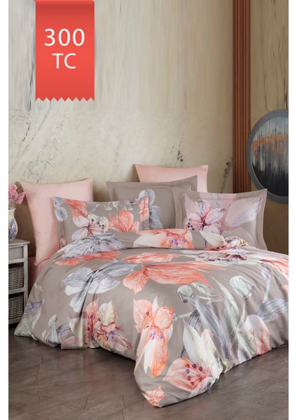 Royal Saten 300TC Nevresim Takımı (Çift Nevresimli) Family Size - Erica