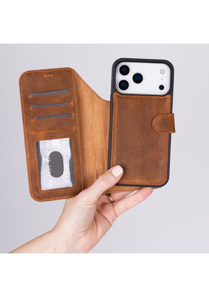 Apple iPhone 17 Pro Max Için, Hakiki Deri, El Yapımı Cüzdanlı Kılıf, Magsafe ile Uyumlu, Iç Yüzeyi Kadife, Karamel fiyatları