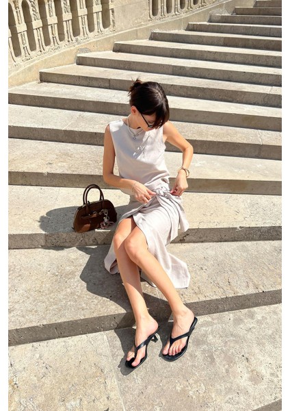 Bej Keten Karışımlı Kadın Bluz