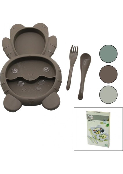 Ayıcık Model=3 Bölmeli Bebek Beslenme Seti 3pcs=mama Kabı-Kaşık-Çatal 500ML Renkli Plst (4887)