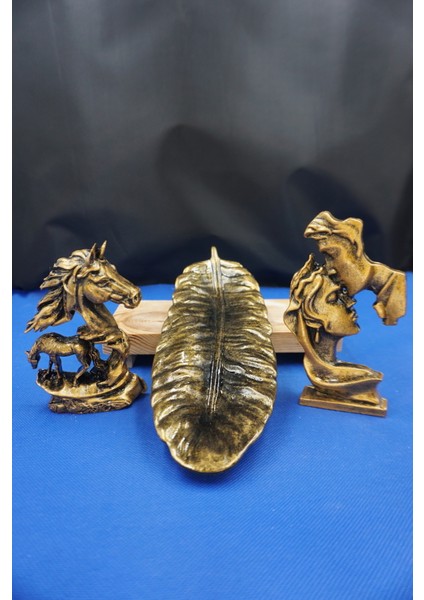 Dekoratif At Figürü, Zarif Kadın-Erkek Yüz Silueti ve Yaprak Tabak ile 3’lü Modern Set fiyatları