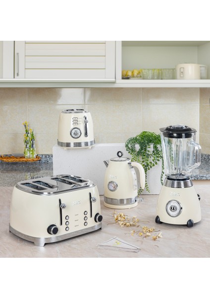 Şık Bej Retro Su Isıtıcı, 1,7 L, 2200W, 360° Kablosuz Tasarım