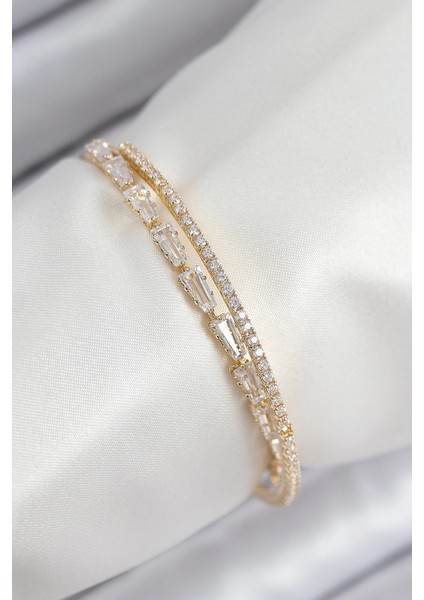 Bfs Pirinç Zirkon Taşlı Su Yolu Model Gold Renk Kadın Bileklik