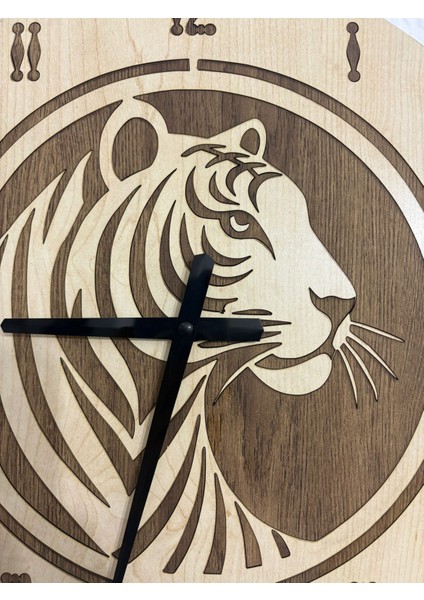Safari Serisi - Kaplan - Ahşap Duvar Saati - 40 cm - (Çift Katmanlı Ahşap)
