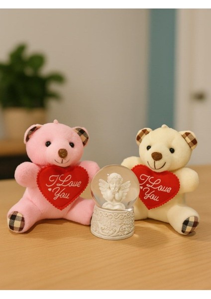 Sevgiliye Eşe Özel Günlere Hediye 2 Adet Sevimli Mini Peluş Ayıcık ve Mini Melek Kar Küresi Set