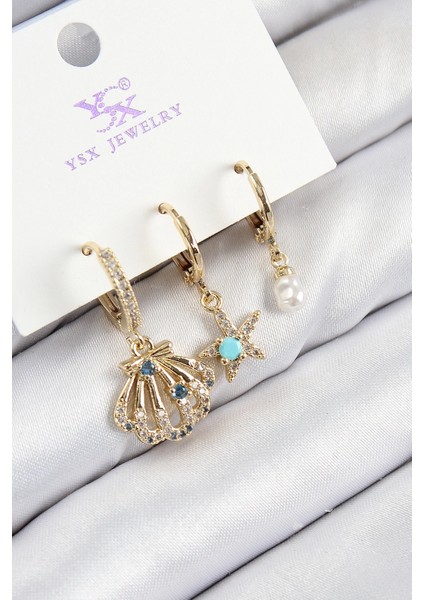 Bfs Pirinç Zirkon Taşlı 3'lü Istiridye ve Yıldız Model Gold Renk Kadın Küpe