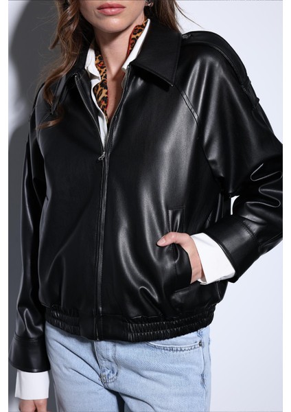 Siyah Suni Deri Bomber Ceket fırsatları