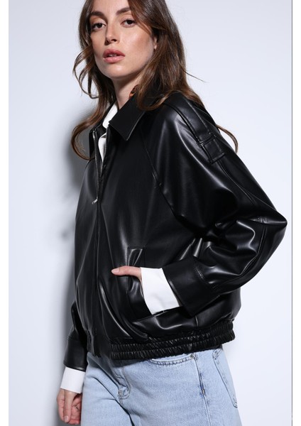 Siyah Suni Deri Bomber Ceket indirimleri