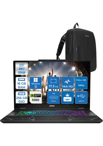 Msı Cyborg 17 Intel Core I7 13620H 16GB Ddr5 256GB SSD RTX5060 Gddr7 8gb Windows 11 Pro 17.3" Fullhd (1920X1080) 144HZ IPS Taşınabilir Bilgisayar B13WFKG210XTRP01 + Zetta Çanta