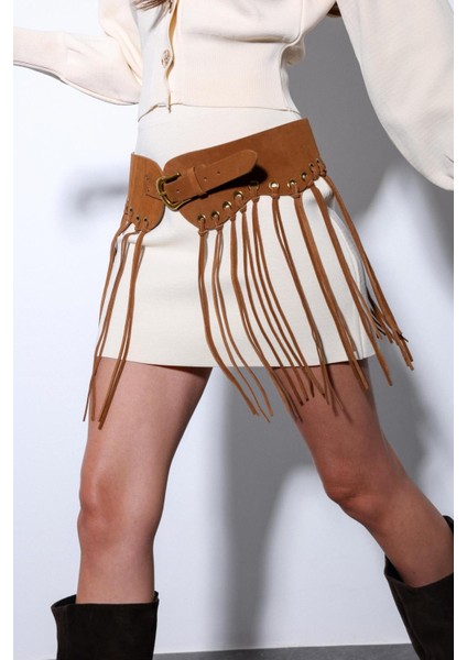 Ekru Triko Kadın Mini Etek