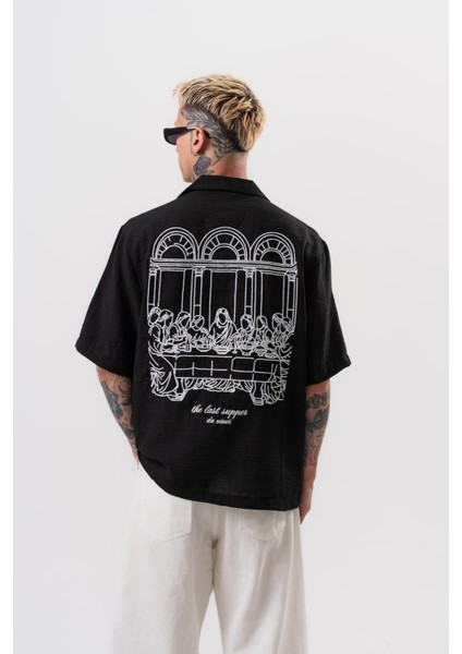 Erkek Da Vinci Nakışlı Oversize Gömlek Siyah